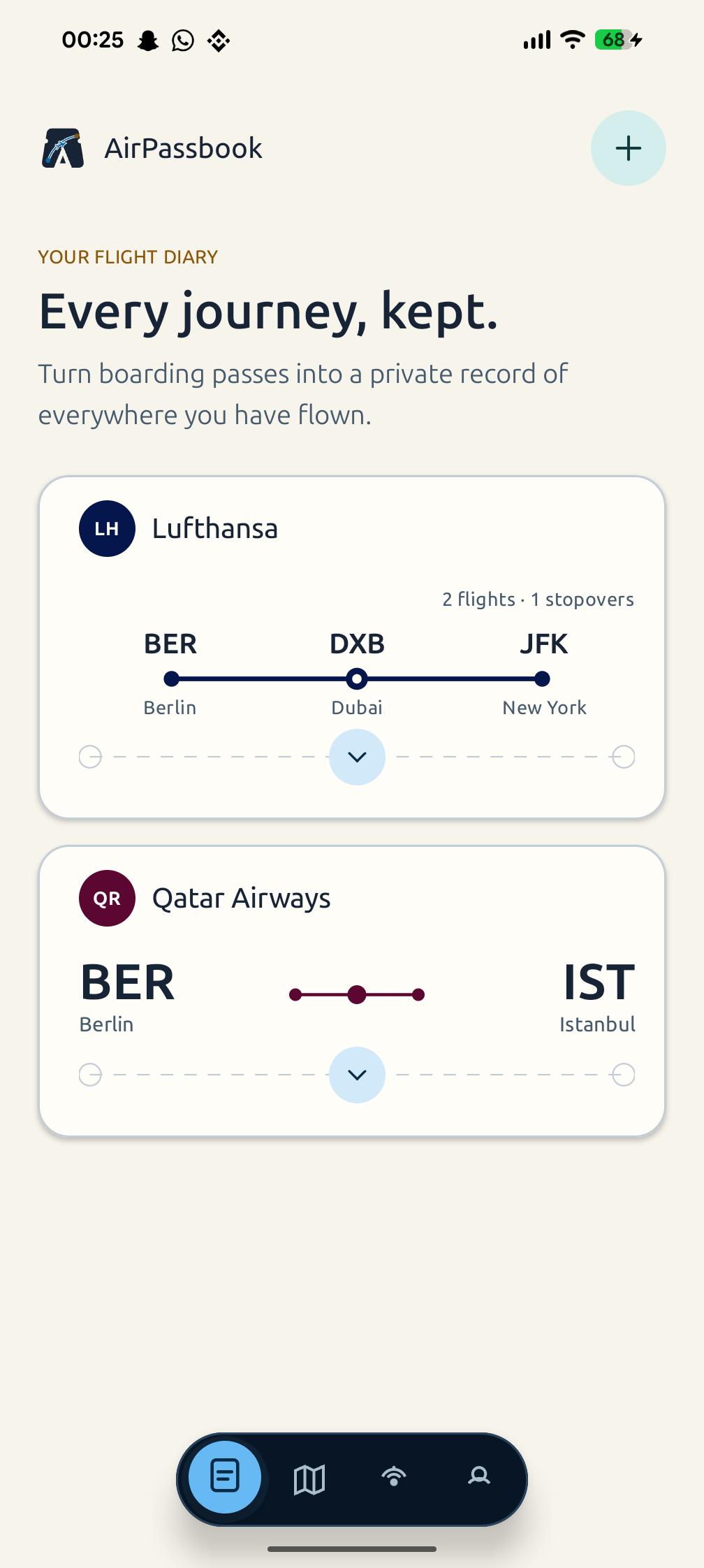 AirPassbook flight diary showing saved journeys