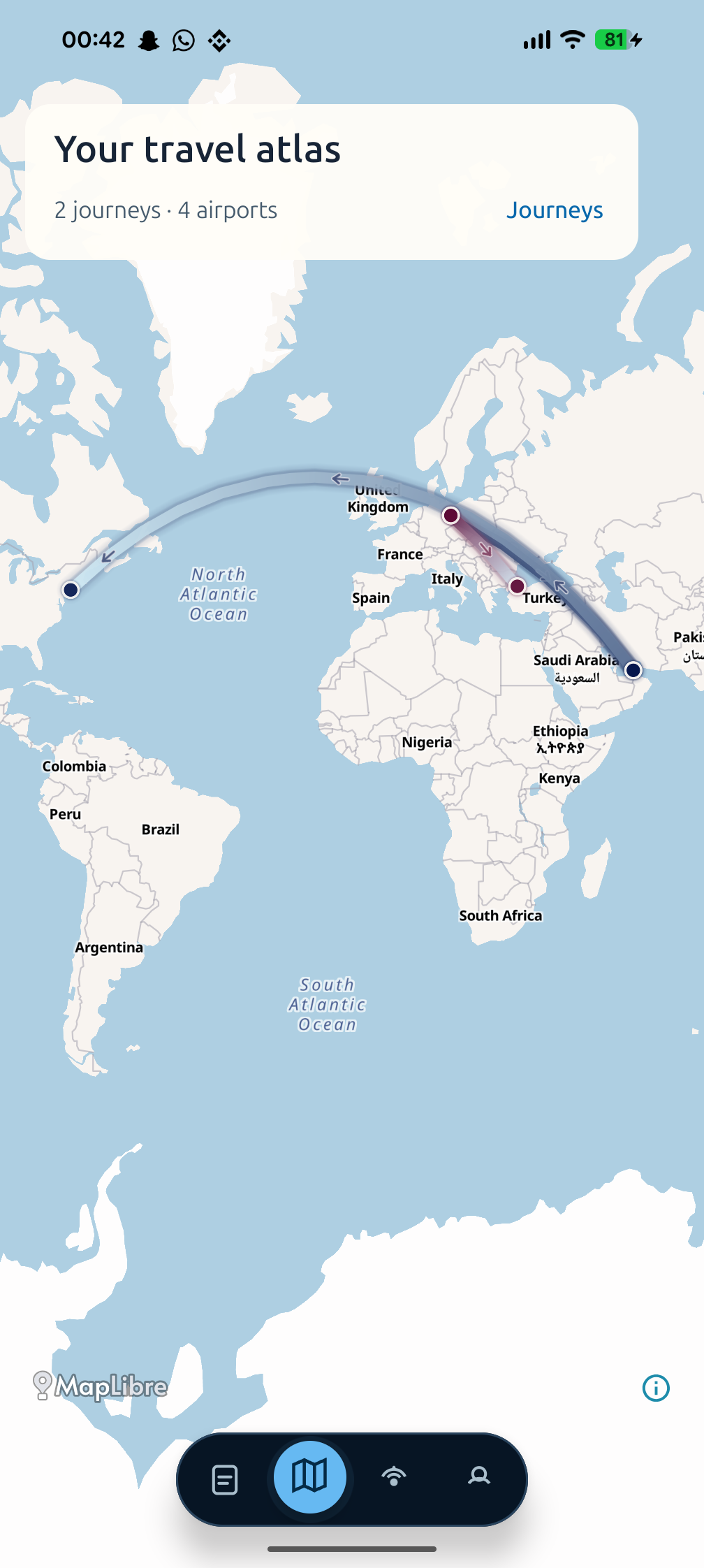 AirPassbook travel atlas showing personal flight routes