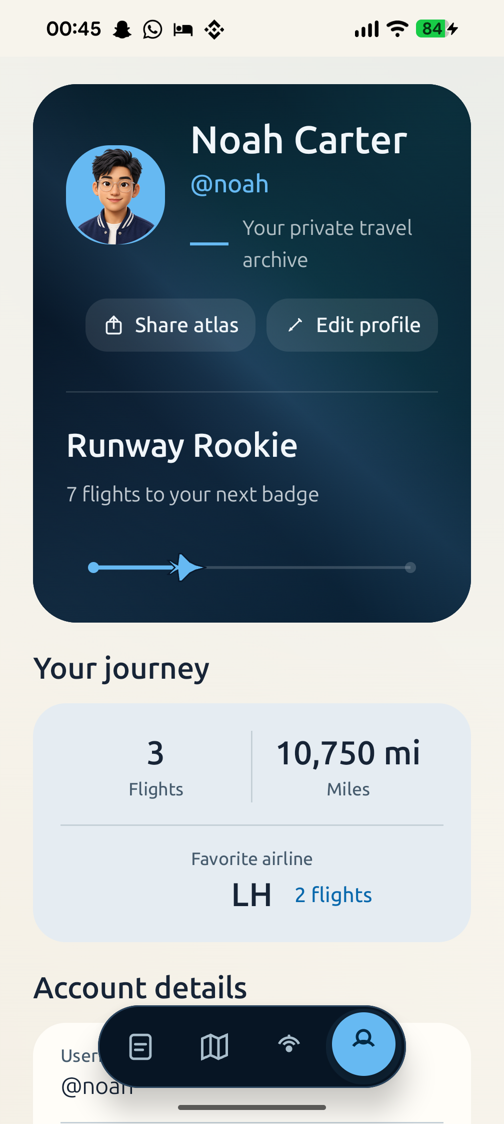 AirPassbook profile showing a private travel summary