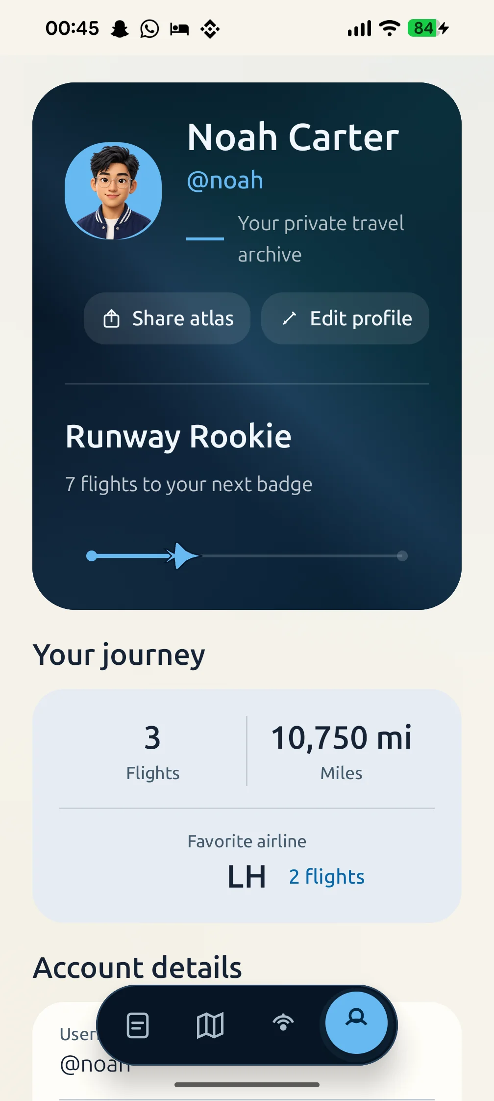 AirPassbook profile showing a private travel summary