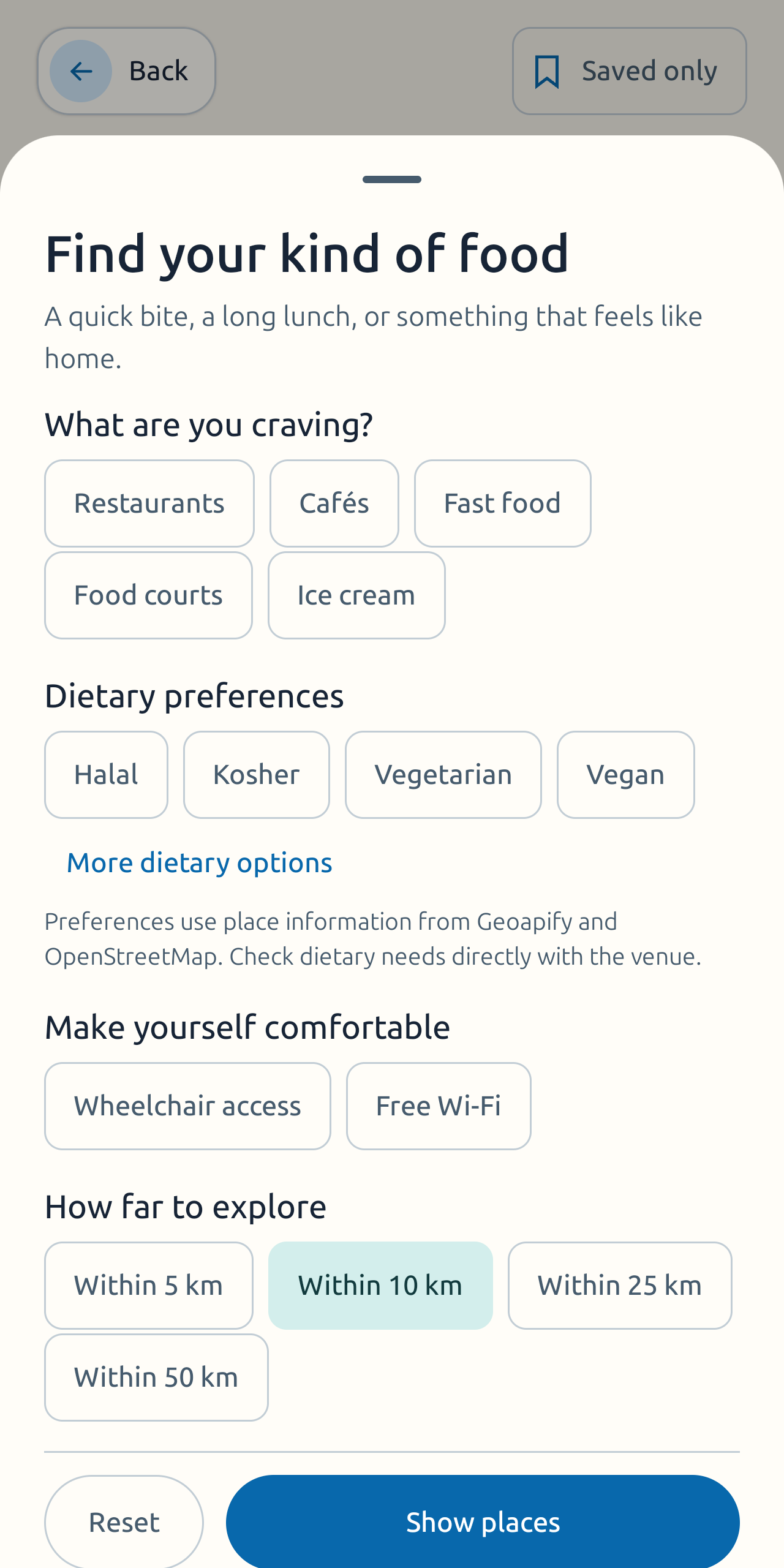 Food filters including Halal, Kosher, Vegetarian, and Vegan