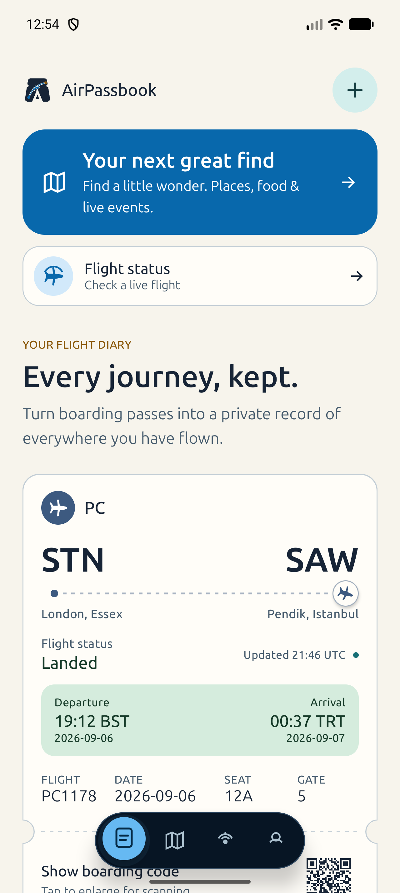 AirPassbook home screen with the new Discover entry and saved flight diary