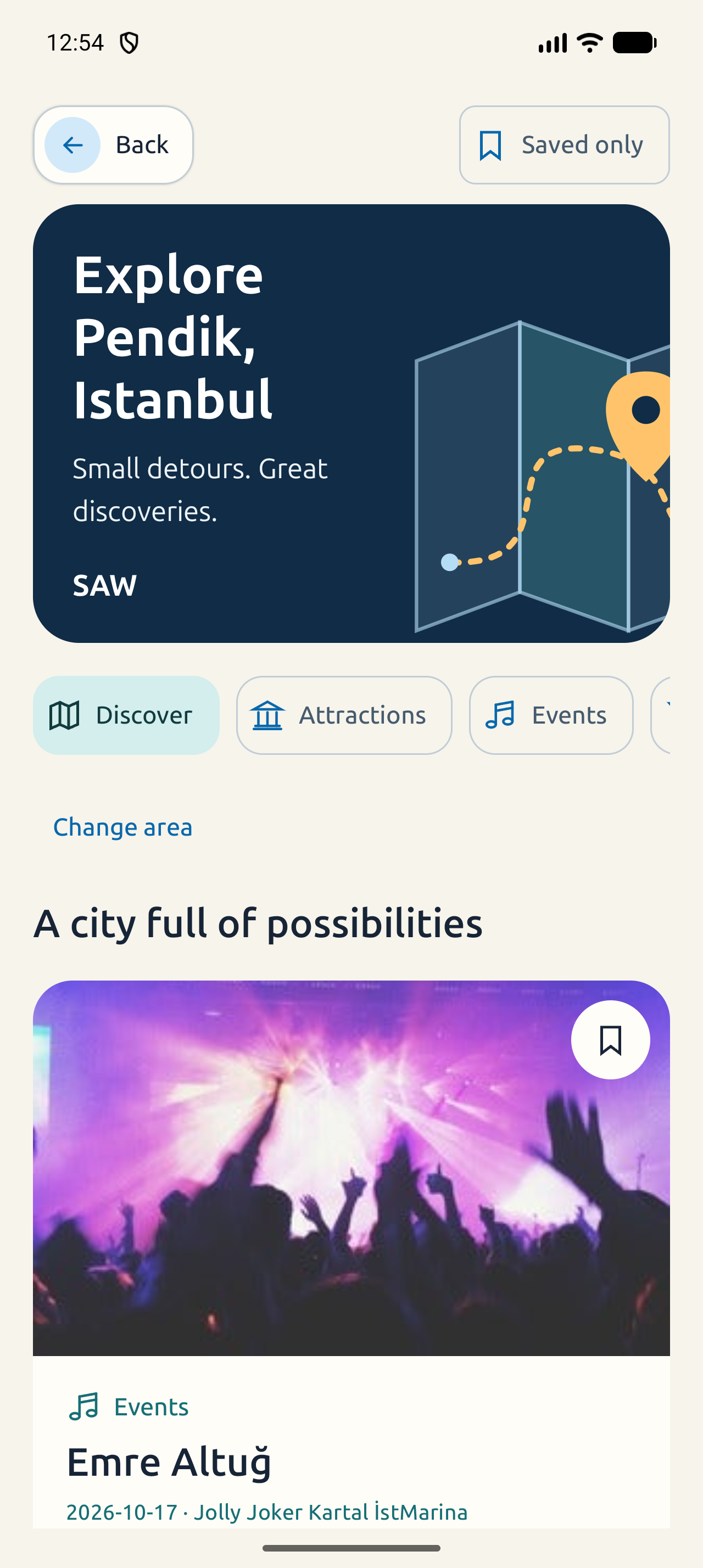 AirPassbook Discover showing nearby activities and places to explore